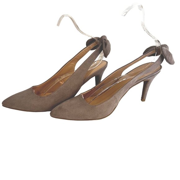 Ann Taylor Womens Taupe Suede Slingback Pumps Heel Bow Pointed Toe Sz 8.5M NWOT - Picture 5 of 8